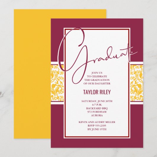 Invitation Maroon Gold Damask Graduation (Devant / Derrière)