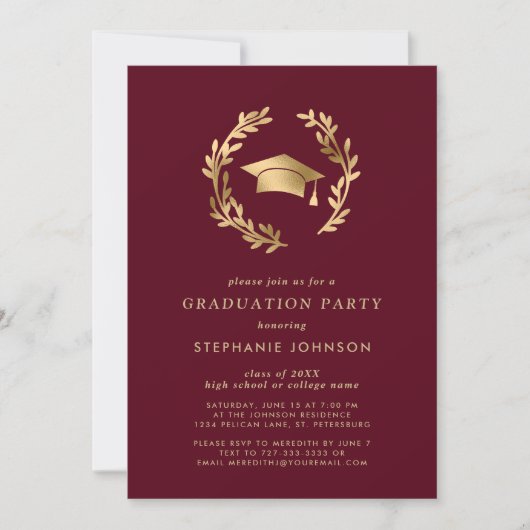 Invitation Maroon Gold Grad Casquette Wreath Chic Graduation (Devant)