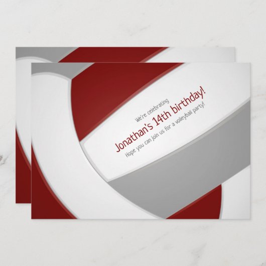 Invitation maroon grey volleyball garçons filles fête d'anniv (Devant / Derrière)