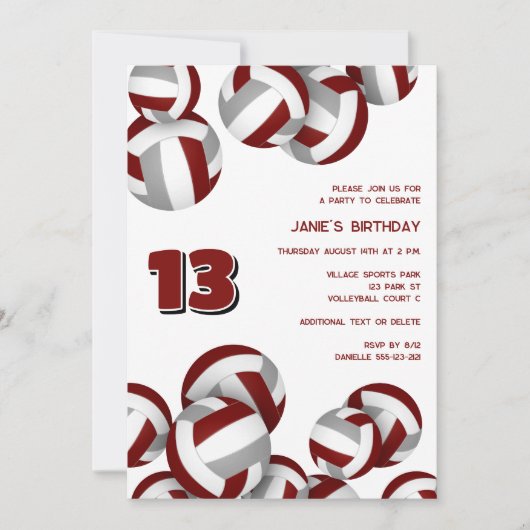 Invitation maroon gris équipe couleurs volleyballs anniversai (Devant)