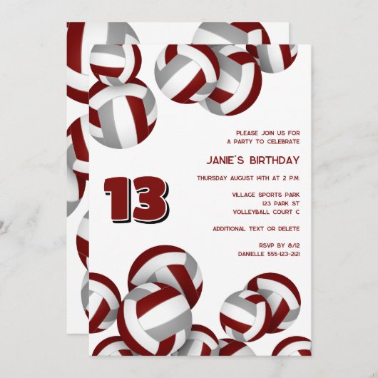 Invitation maroon gris équipe couleurs volleyballs anniversai (Devant / Derrière)