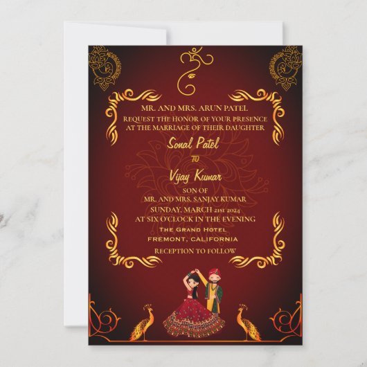 Invitation Maroon indien hindou Mariage Royal Golden Peacock (Devant)