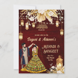 Invitation Maroon indien Mehndi Sangeet couple islamique