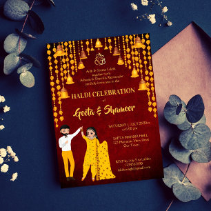 Invitation Maroon mariage indien Haldi Mehndi Sangeet jaune