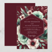 Invitation Maroon Mint Poetic Bloom Wedding (Devant / Derrière)