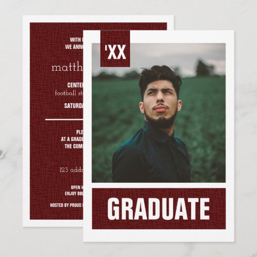 Invitation Maroon Modern Textured Photo Graduation (Devant / Derrière)