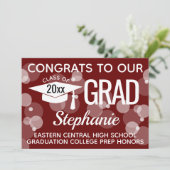 Invitation Maroon Moderne Confetti Bokeh Bubbles Graduation (Debout devant)