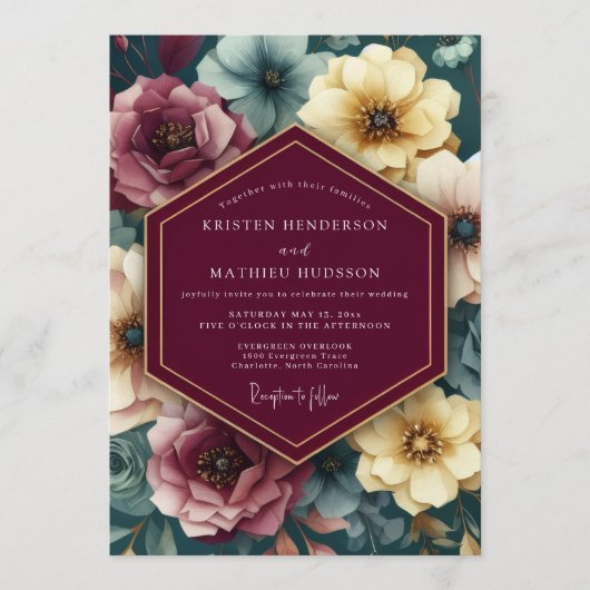 Invitation Maroon Painterly Floral Wedding (Devant)