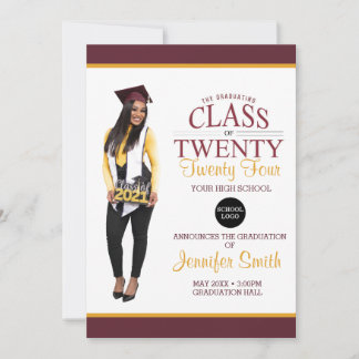 Invitation Maroon photo sur mesure et graduation en or
