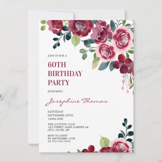 Invitation Maroon Pink Rose Floral Greenery Birthday (Devant)