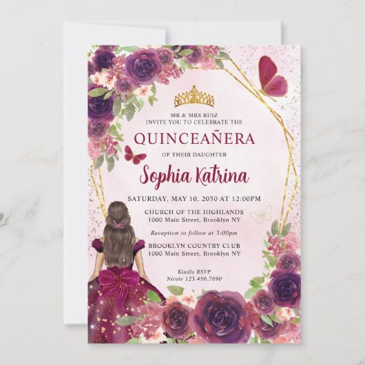 Invitation Maroon Plum Rouge or Floral Princesse Quinceañera (Devant)