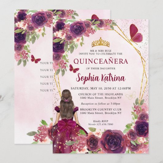 Invitation Maroon Plum Rouge or Floral Princesse Quinceañera (Devant / Derrière)