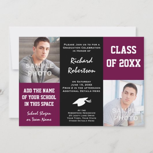 Invitation Maroon pourpre et Black Custom Athlete Graduation (Devant)