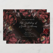 Invitation Maroon Red Rust Roses et crânes Anniversaire (Devant / Derrière)