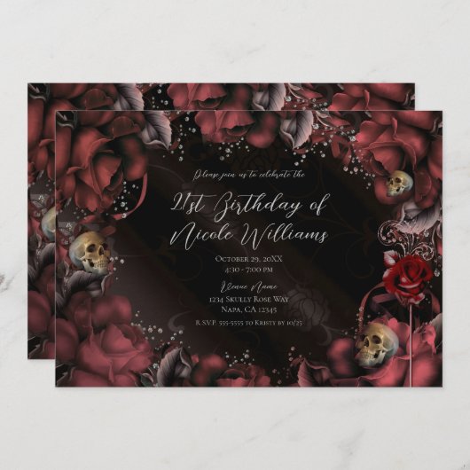 Invitation Maroon Red Rust Roses et crânes Anniversaire (Devant / Derrière)