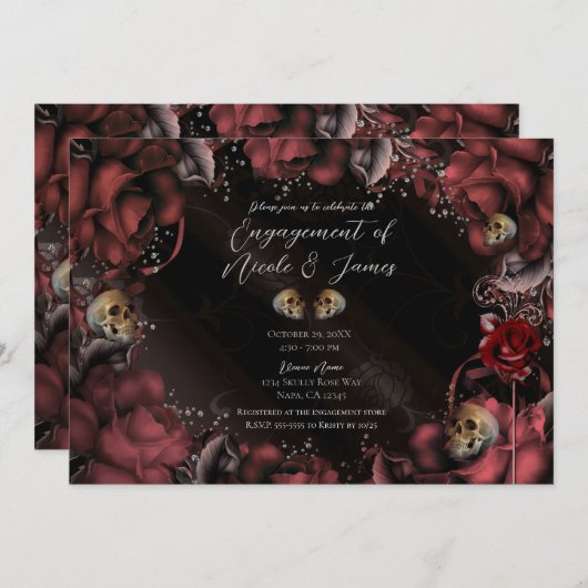 Invitation Maroon Red Rust Roses & Skuls (Devant / Derrière)