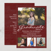 Invitation Maroon Red Woodgrain Moderne 4 Photo Graduation (Devant / Derrière)