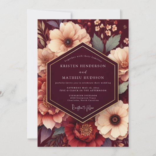 Invitation Maroon Rich Floral Wedding (Devant)