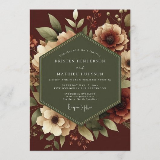 Invitation Maroon Romantic Botanical Wedding (Devant)