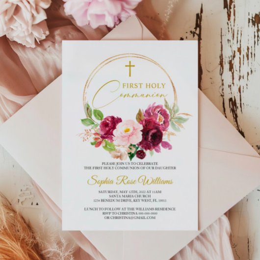 Invitation Maroon Rose Floral Première Communion Sainte