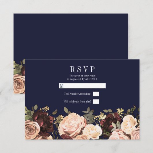 Invitation Maroon rose floral vert marine bleu mariage RSVP (Devant / Derrière)