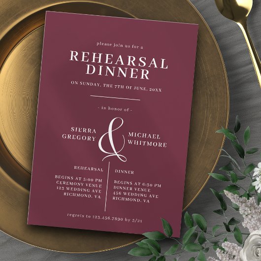 Invitation Maroon rouge de Bourgogne | Dîner de répétition ro
