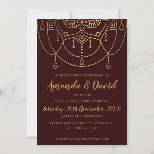 Invitation Maroon Rouge or classique Mariage de design tradit (Devant)