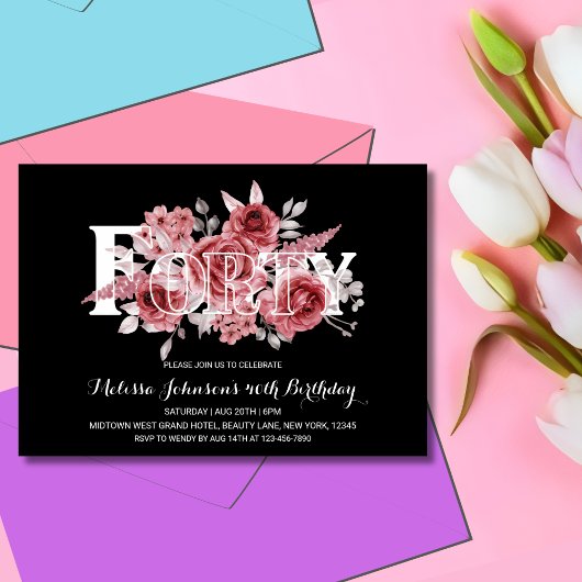 Invitation Maroon Rouge Vert Floral 40e Anniversaire Noir