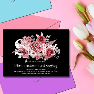Invitation Maroon Rouge Vert Floral 60e Anniversaire Noir