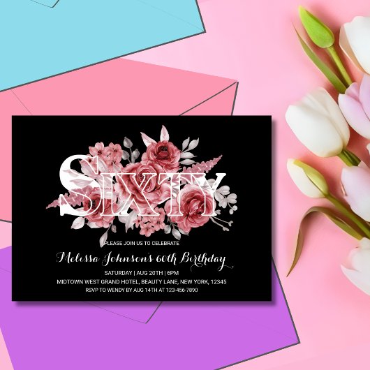 Invitation Maroon Rouge Vert Floral 60e Anniversaire Noir