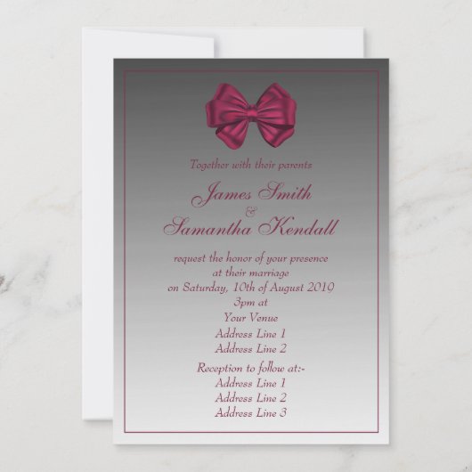 Invitation Maroon Satin Bow & Silver - Mariage (Dos)