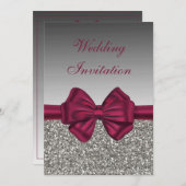Invitation Maroon Satin Bow & Silver - Mariage (Devant / Derrière)