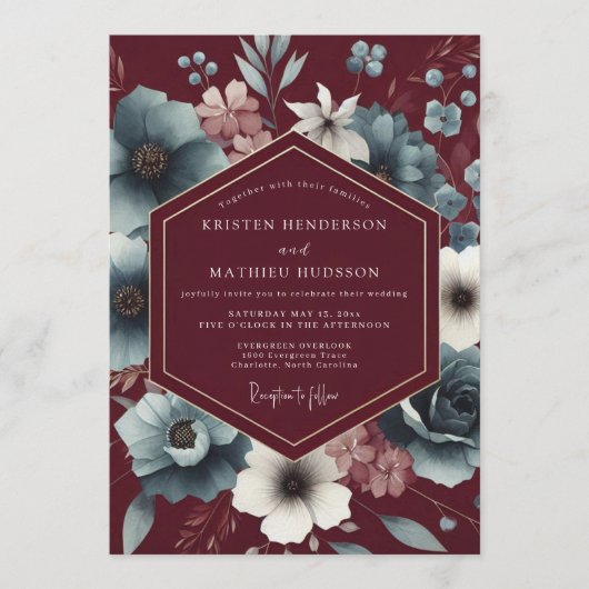 Invitation Maroon Slate Somber Bloom Wedding (Devant)