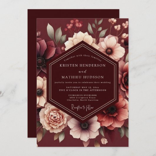 Invitation Maroon Somber Bloom Wedding (Devant / Derrière)