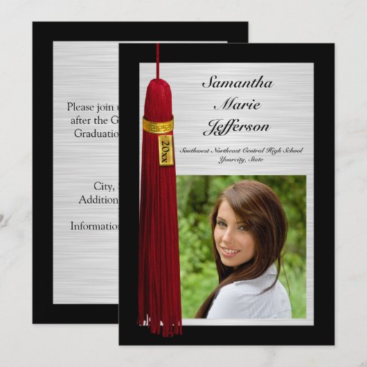 Invitation Maroon Tassel avec la fête de la graduation photo (Devant / Derrière)