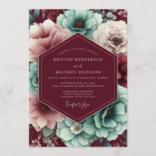 Invitation Maroon & Teal Autumnal Bloom Wedding (Devant)