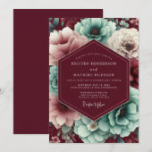 Invitation Maroon & Teal Autumnal Bloom Wedding (Devant / Derrière)