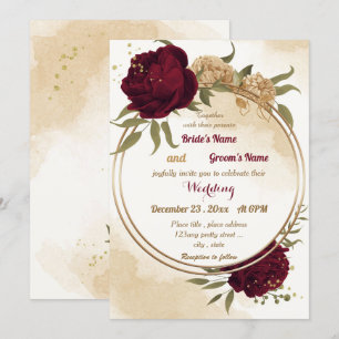 Invitation Maroon vert beige or botanique mariage