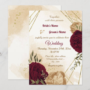 Invitation Maroon vert beige or botanique mariage