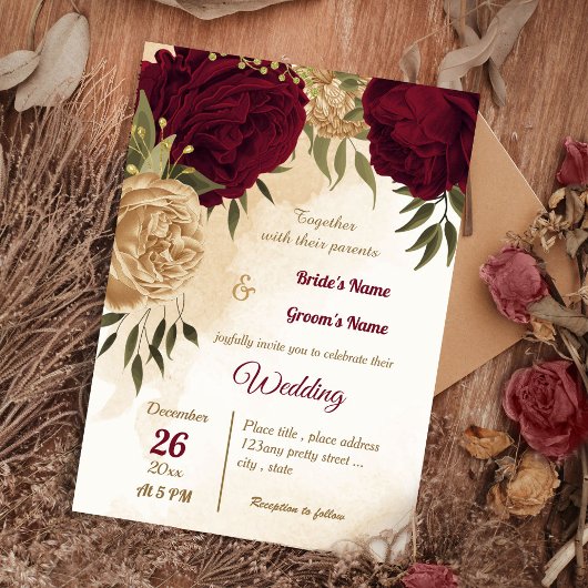 Invitation Maroon vert beige or botanique mariage