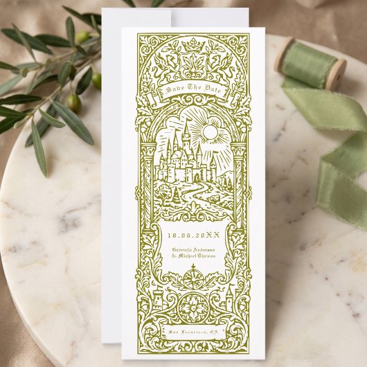 Invitation Marque-page de mariage vert médiéval, Save The Dat