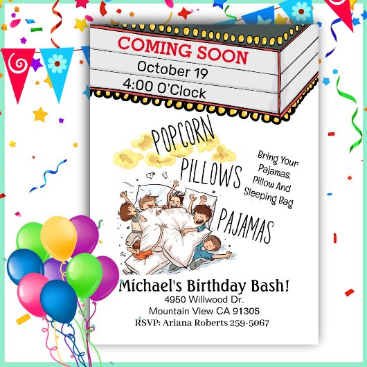 Invitation Marquee Boy's Movie Night Anniversaire