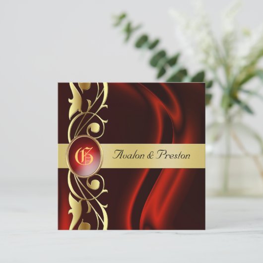 Invitation Marquis Red Silk Gold Scroll Ruby (Debout devant)