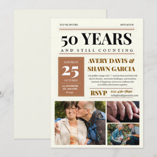 Invitation Marron Beige Simple Grille Journal 50e Anniversair