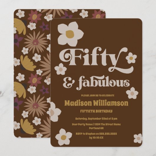 Invitation Marron Chocolat Rétro Boho 50 ans & Fabulux Annive (Devant / Derrière)