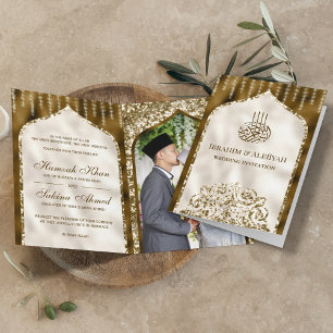 Invitation Marron et ivoire vintage or arc islamique mariage