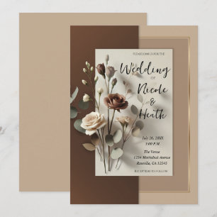 Invitation Marron neutre floral café au lait moka pour mariag