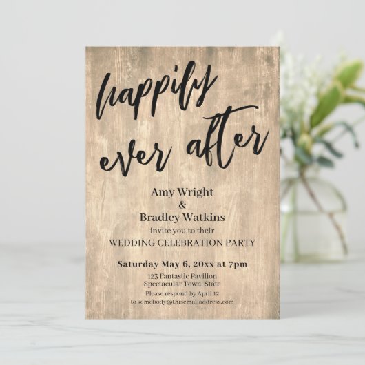 Invitation Marron rustique Bois Tout Juste Mariés Réception d (Debout devant)