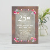 Invitation Marron Rustique Fleurs Roses Violettes 25e Anniver (Debout devant)