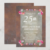 Invitation Marron Rustique Fleurs Roses Violettes 25e Anniver (Devant / Derrière)
